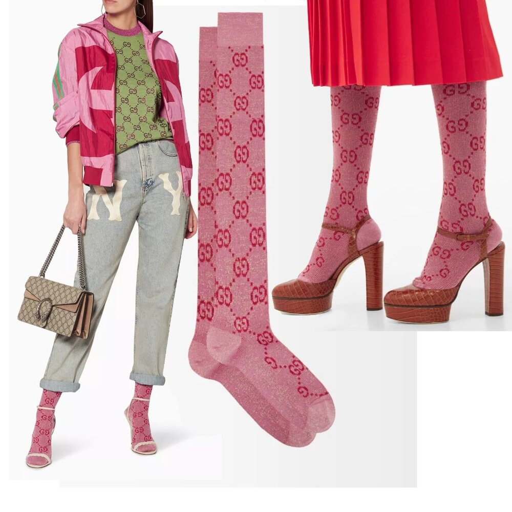 GUCCI SOCKS Lamé GG SUPREME LOGO EMBROIDERED PINK COTTON BLEND sz S SMALL